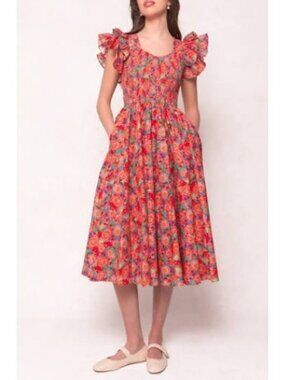 Ivory City Co Hattie Poppi Floral Pink Red Poplin Cotton Dress Plus Size 2X